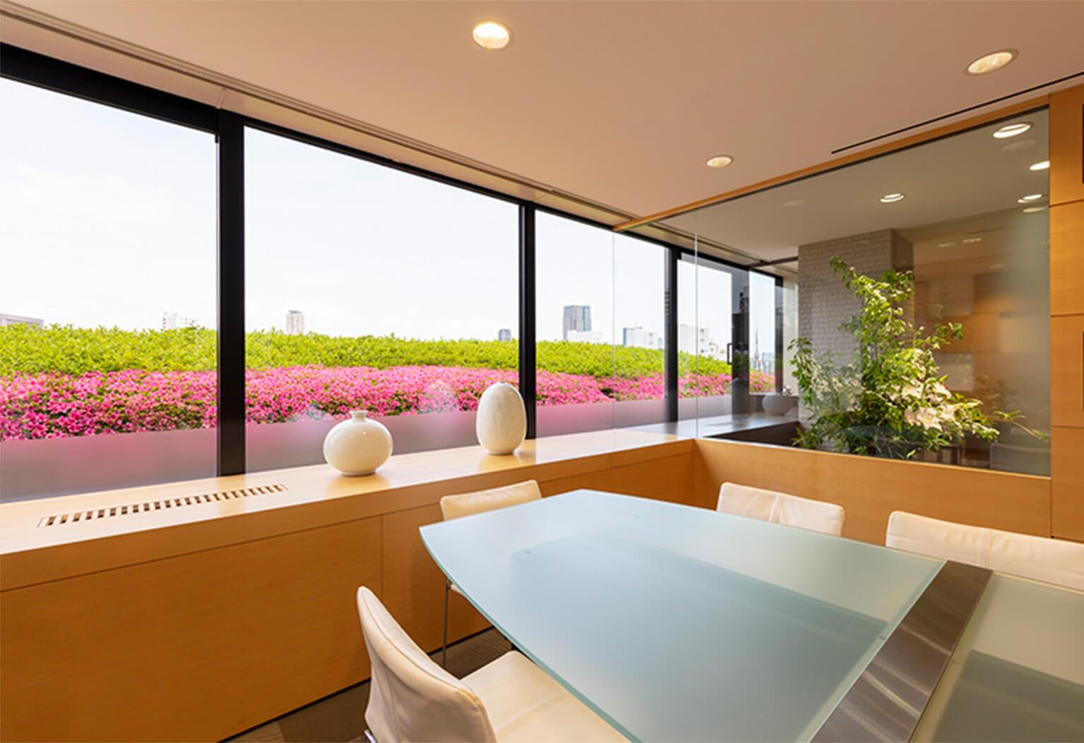 大きな窓から自然光が入る、観葉植物と白い家具が置かれた明るい室内